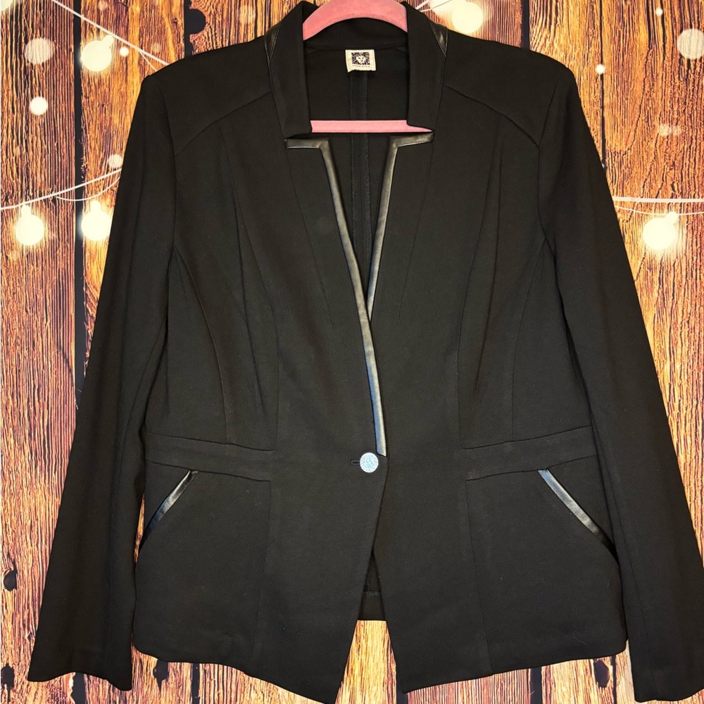 Anne Klein Black Blazer with Gold Button and Faux Leather Accents